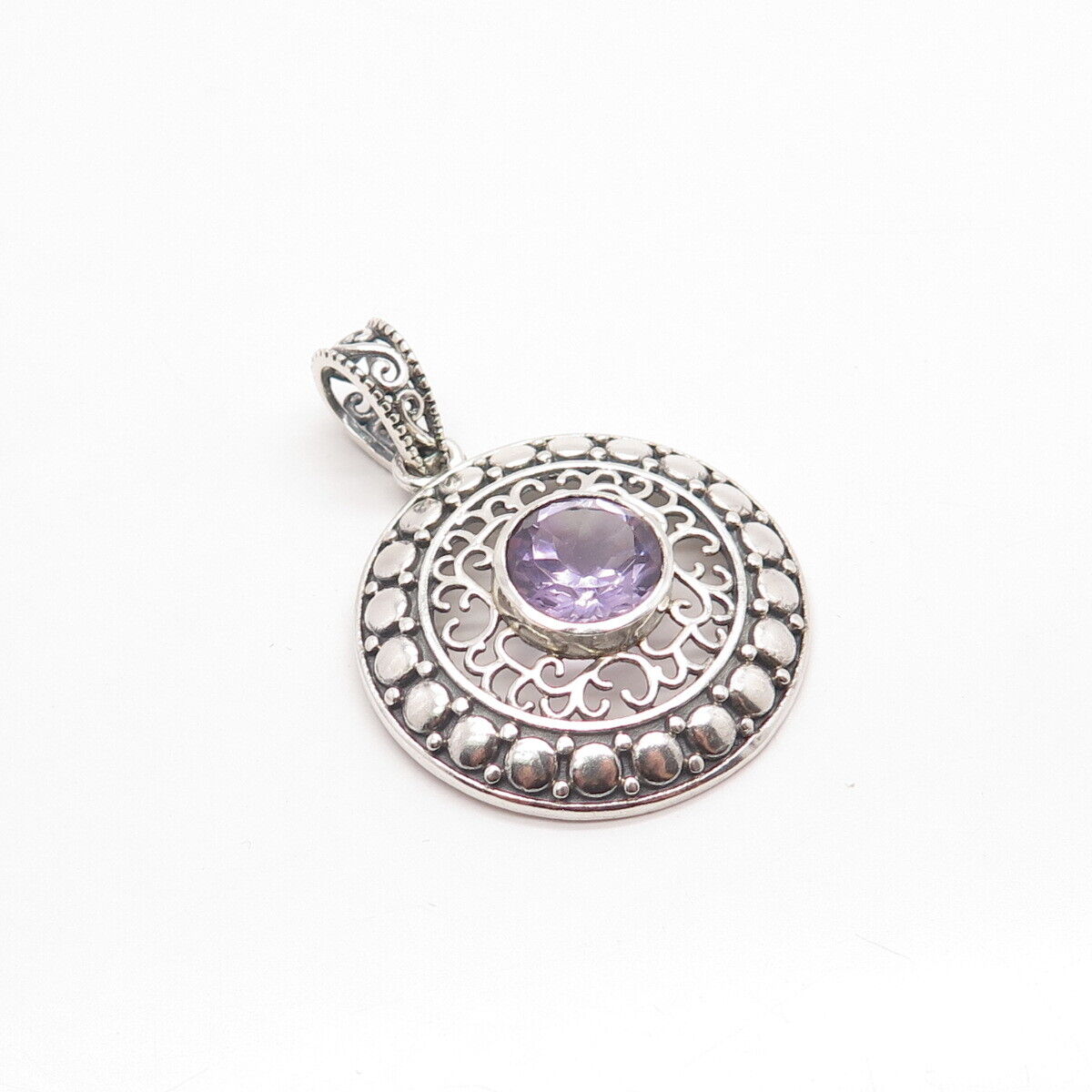 925 Sterling Silver Vintage Real Amethyst Gem Dotted Ornate Round Pendant