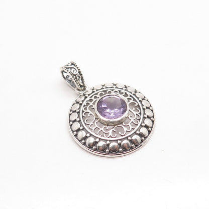 925 Sterling Silver Vintage Real Amethyst Gem Dotted Ornate Round Pendant