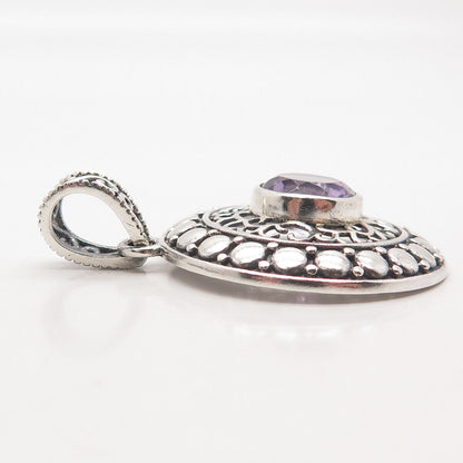 925 Sterling Silver Vintage Real Amethyst Gem Dotted Ornate Round Pendant