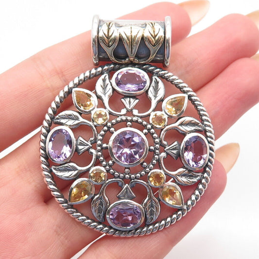 925 Sterling Silver Vintage Real Amethyst & Citrine Gemstone Ornate Pendant