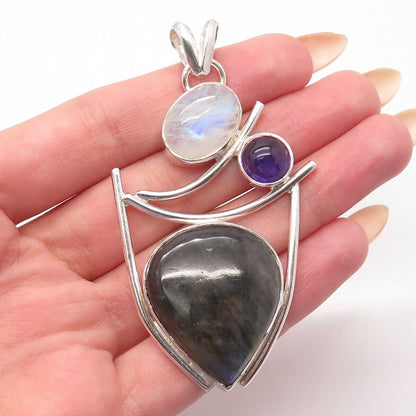 925 Sterling Silver Vintage Real Labradorite Moonstone & Amethyst Gem Pendant