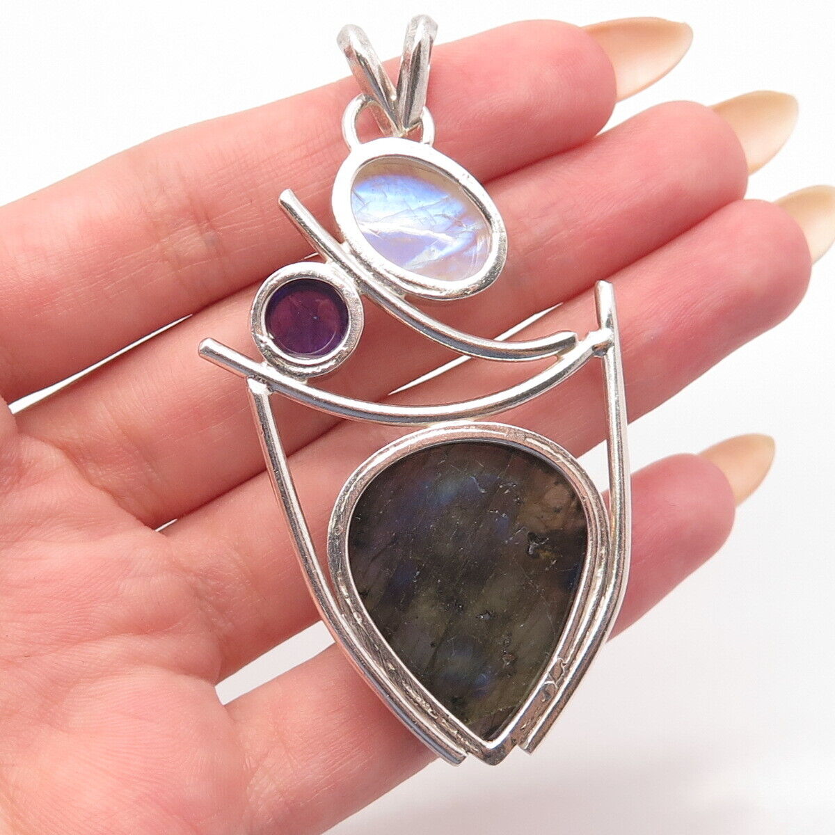 925 Sterling Silver Vintage Real Labradorite Moonstone & Amethyst Gem Pendant