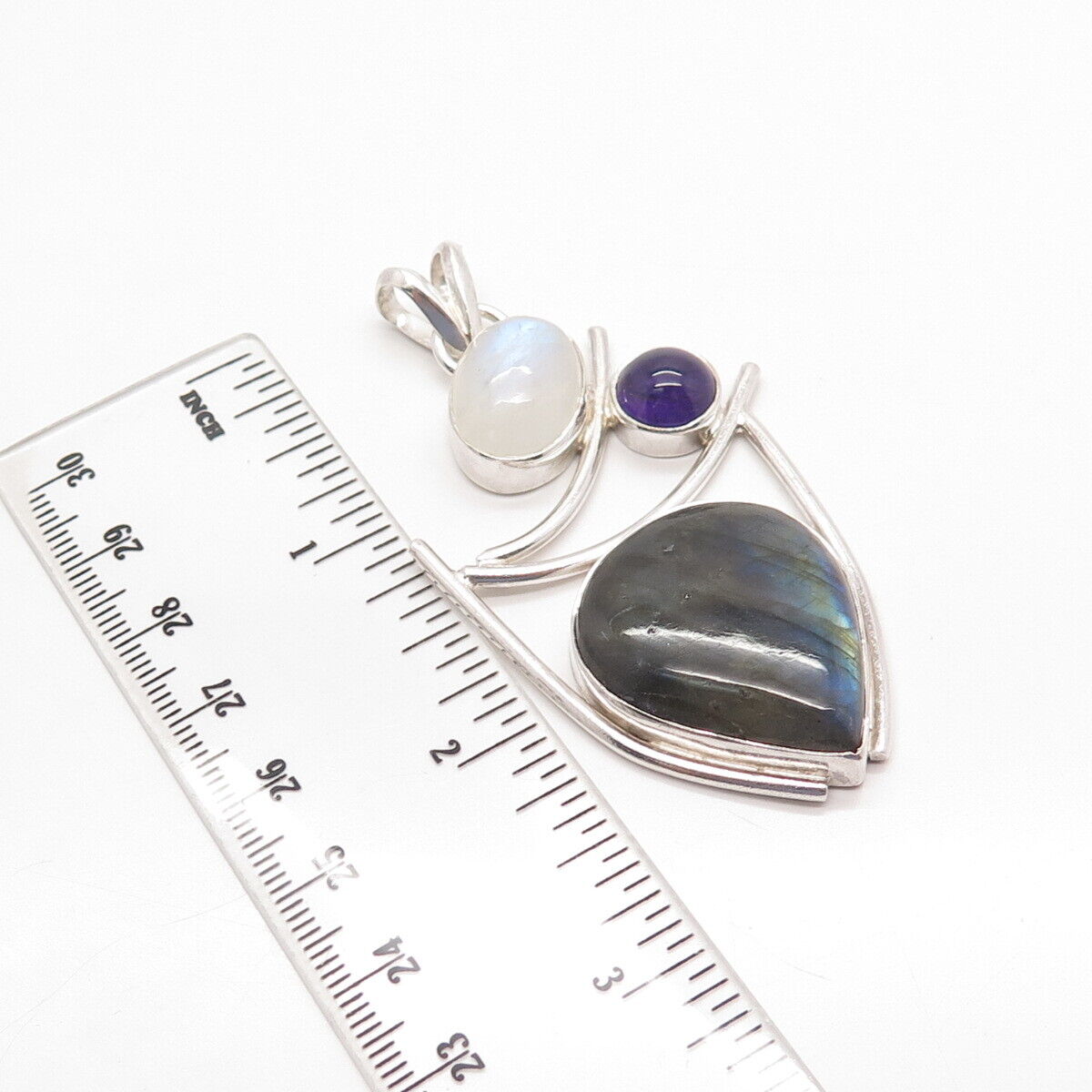 925 Sterling Silver Vintage Real Labradorite Moonstone & Amethyst Gem Pendant