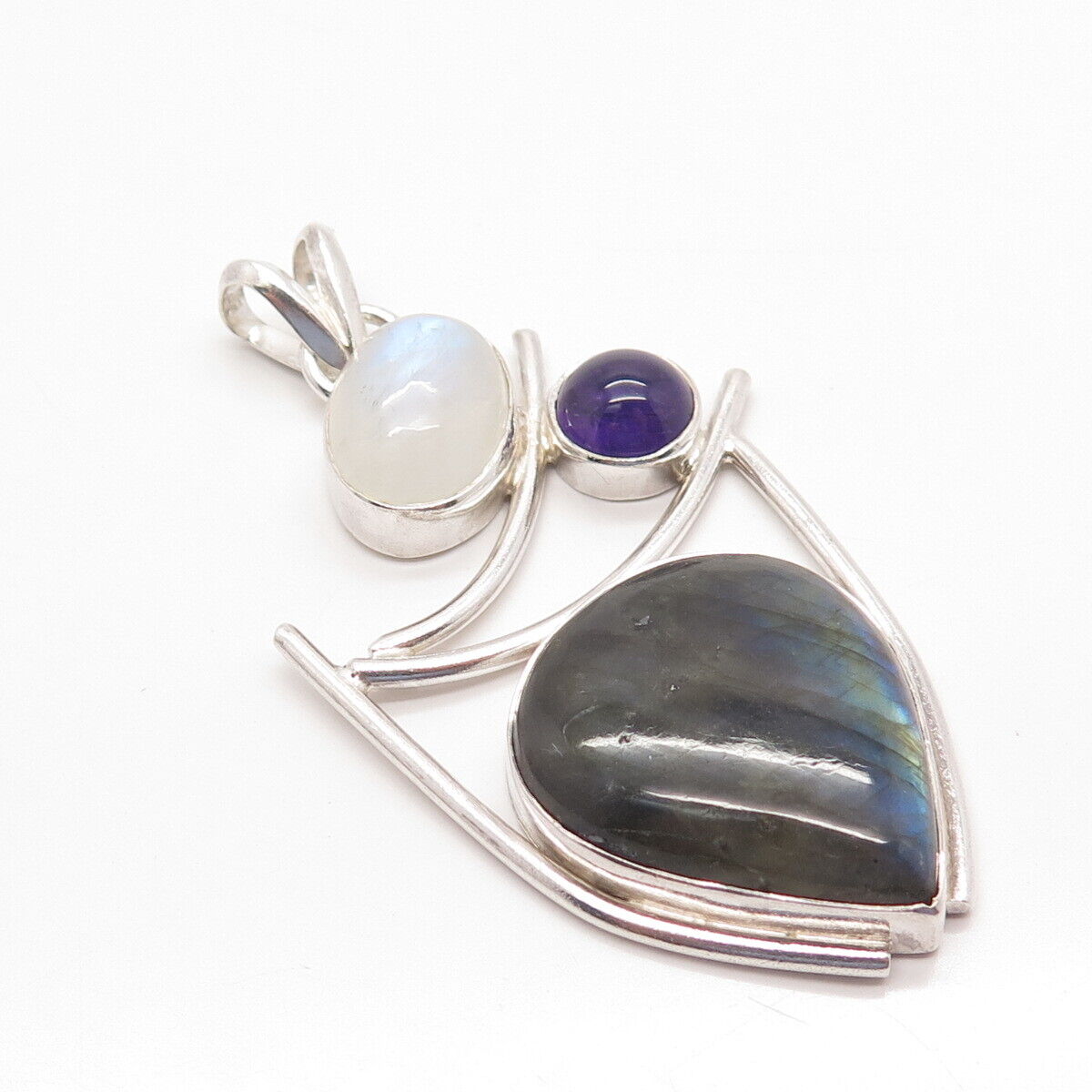 925 Sterling Silver Vintage Real Labradorite Moonstone & Amethyst Gem Pendant