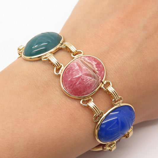 1/20 12K Gold Filled Antique Real Multi-Color Gem Carved Scarab Link Bracelet 7"