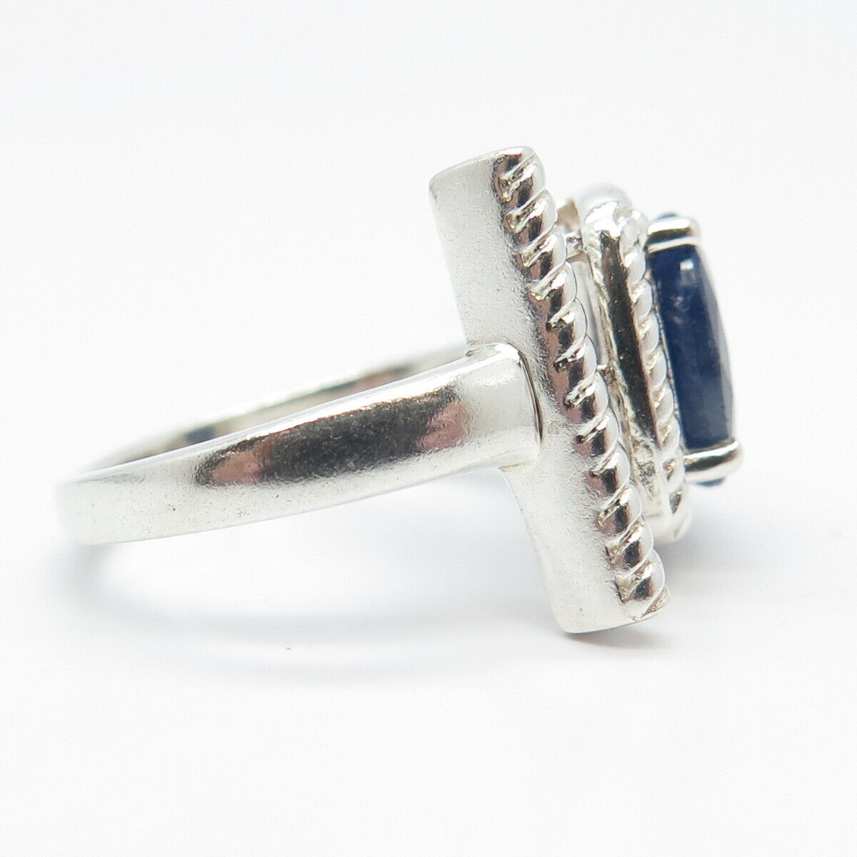 925 Sterling Silver Vintage Real Sapphire Gem Twisted Square Ring Size 7.25