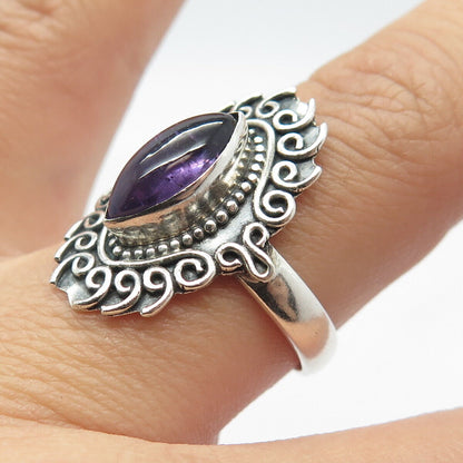 925 Sterling Silver Vintage Real Amethyst Gem Swirl Statement Ring Size 8.5