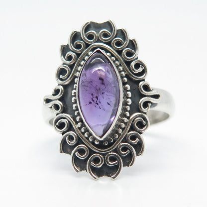 925 Sterling Silver Vintage Real Amethyst Gem Swirl Statement Ring Size 8.5