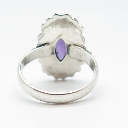 925 Sterling Silver Vintage Real Amethyst Gem Swirl Statement Ring Size 8.5