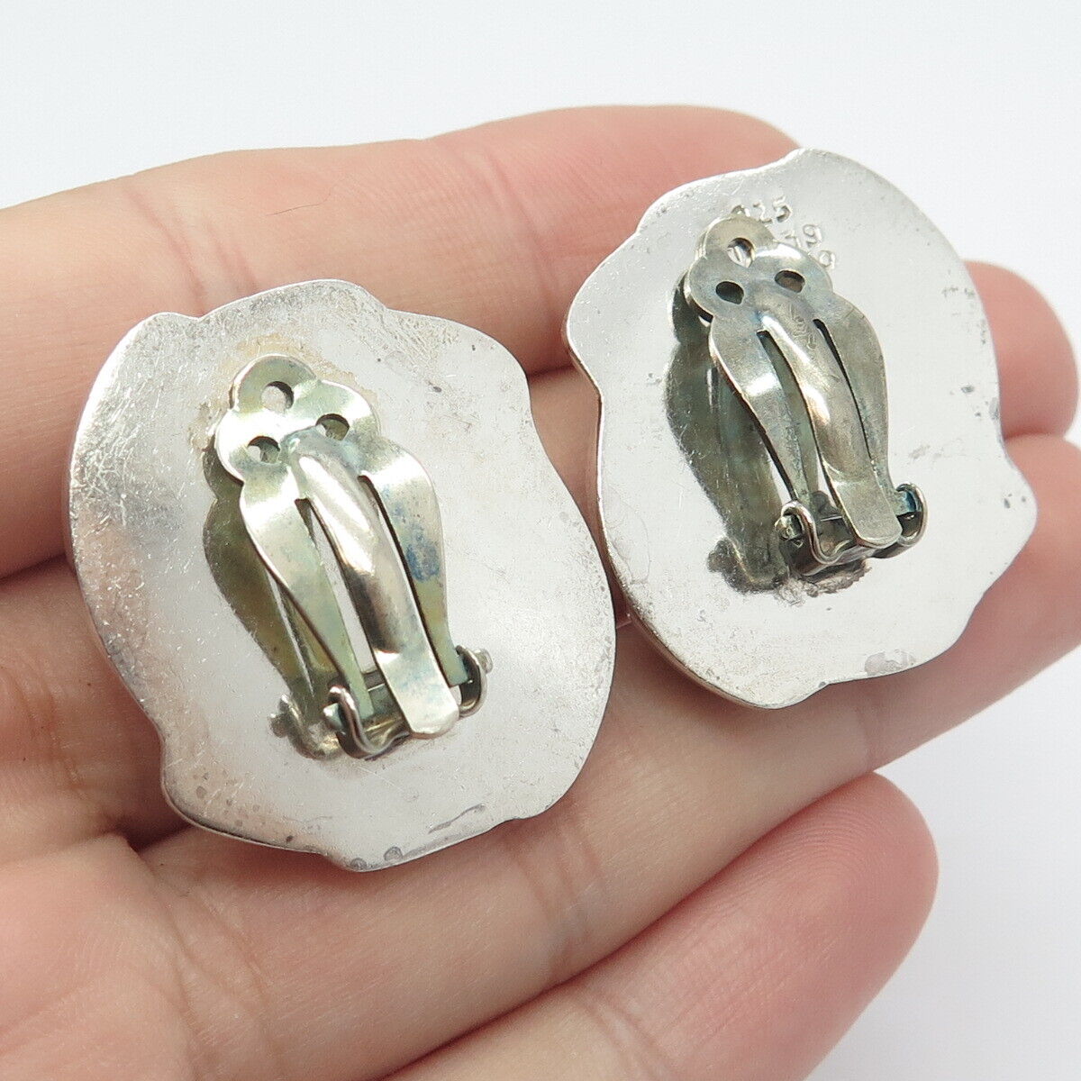 925 Sterling Silver Vintage Mexico Large Modernist Clip On Earrings