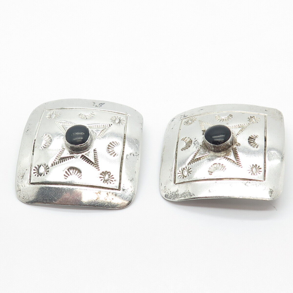 925 Sterling Silver Vintage Mexico Real Black Onyx Gem Rhombus Clip On Earrings