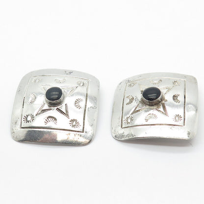 925 Sterling Silver Vintage Mexico Real Black Onyx Gem Rhombus Clip On Earrings