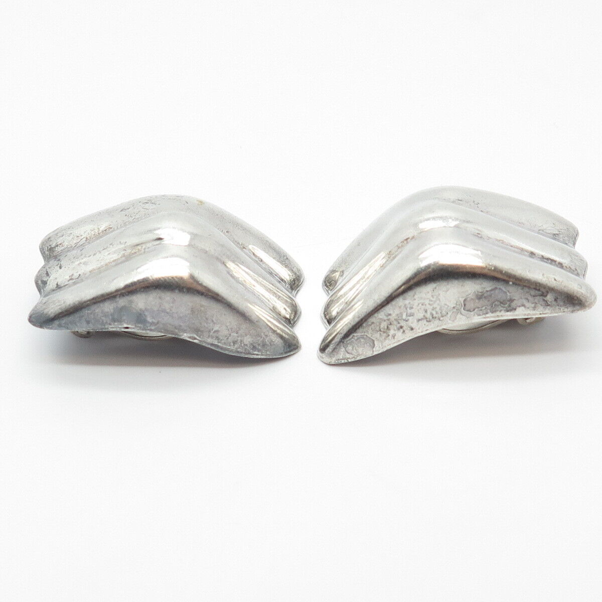 925 Sterling Silver Vintage Mexico Ribbed Modernist Clip On Earrings