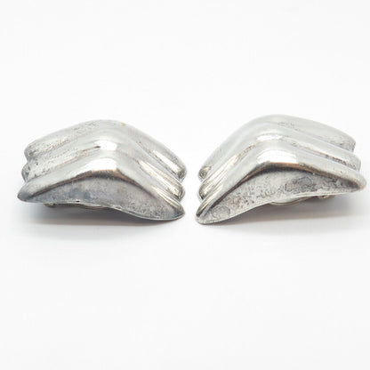 925 Sterling Silver Vintage Mexico Ribbed Modernist Clip On Earrings