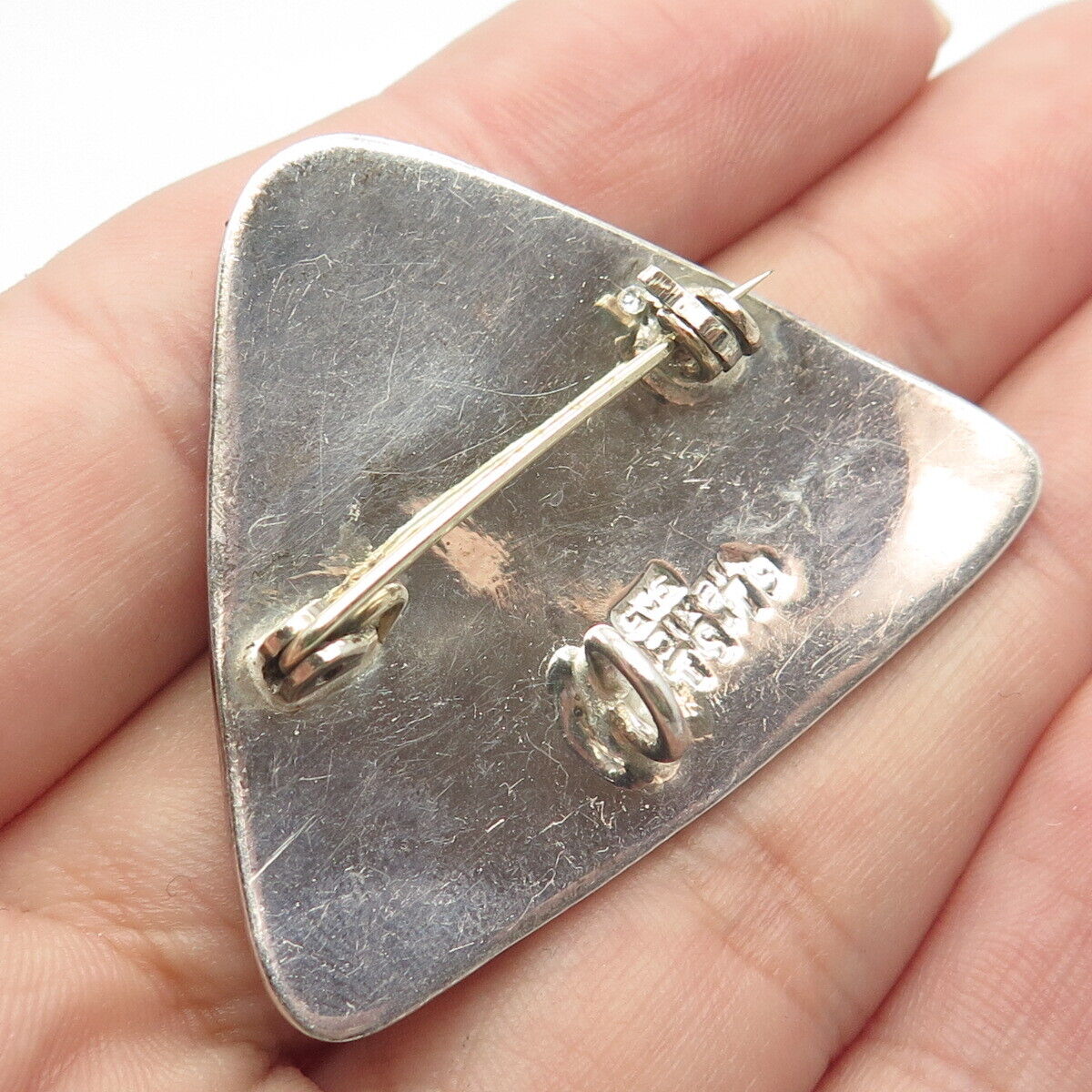 925 Sterling Silver Antique Mexico Turquoise Gem Triangle Pin Brooch / Pendant