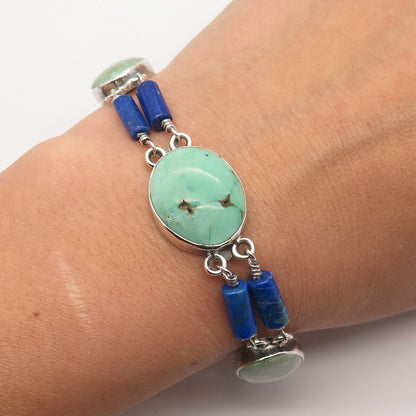 925 Sterling Silver Vintage Turquoise & Lapis Lazuli Gem Tube Link Bracelet 7.5"