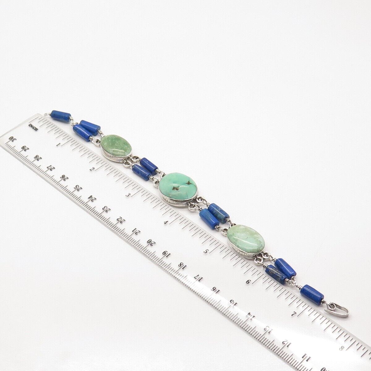 925 Sterling Silver Vintage Turquoise & Lapis Lazuli Gem Tube Link Bracelet 7.5"