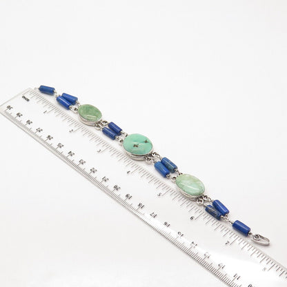 925 Sterling Silver Vintage Turquoise & Lapis Lazuli Gem Tube Link Bracelet 7.5"