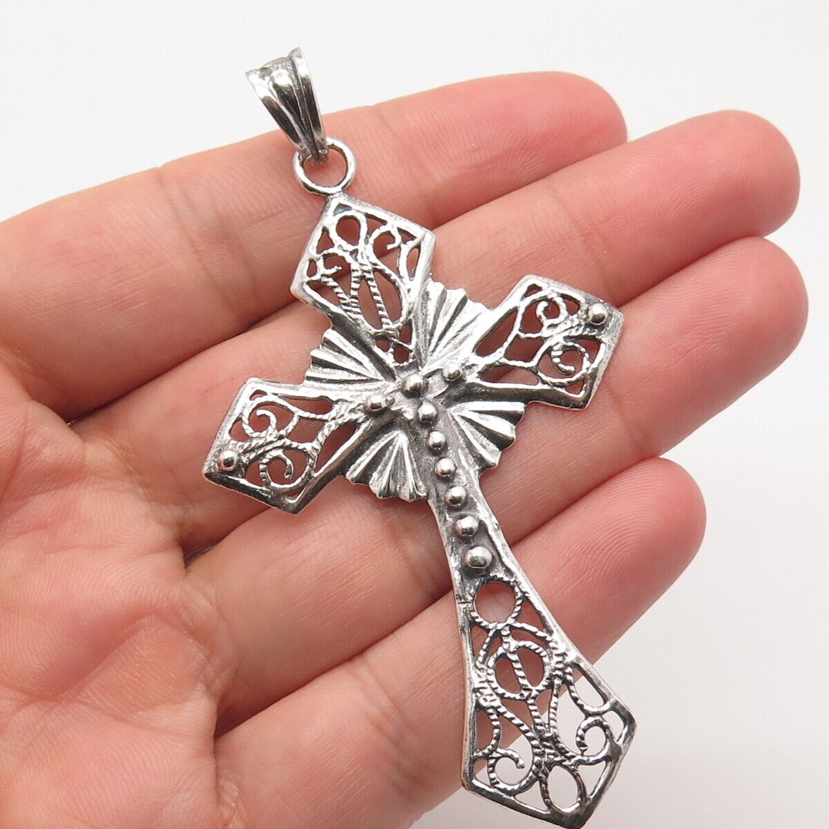 925 Sterling Silver Vintage Ornate Religious Cross Pendant