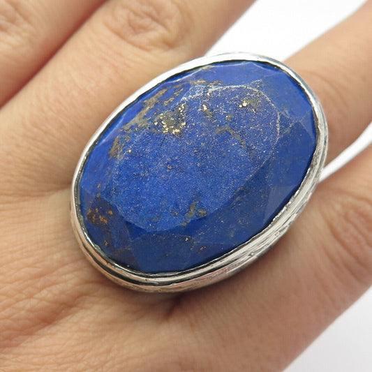 925 Sterling Silver Vintage Real Lapis Lazuli Gemstone Floral Ring Size 14.75