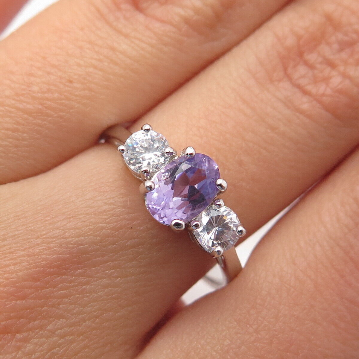 925 Sterling Silver Real Amethyst Gemstone & C Z Ring Size 8.25