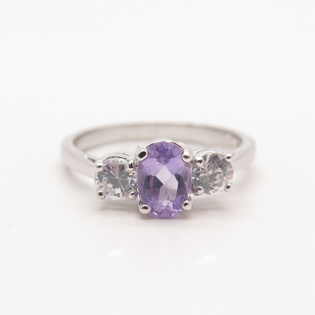 925 Sterling Silver Real Amethyst Gemstone & C Z Ring Size 8.25