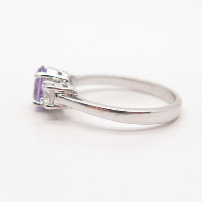 925 Sterling Silver Real Amethyst Gemstone & C Z Ring Size 8.25