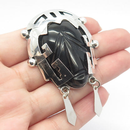 925 Sterling Silver Vintage Black Onyx Gem Carved Tribal Face Pin Brooch/Pendant