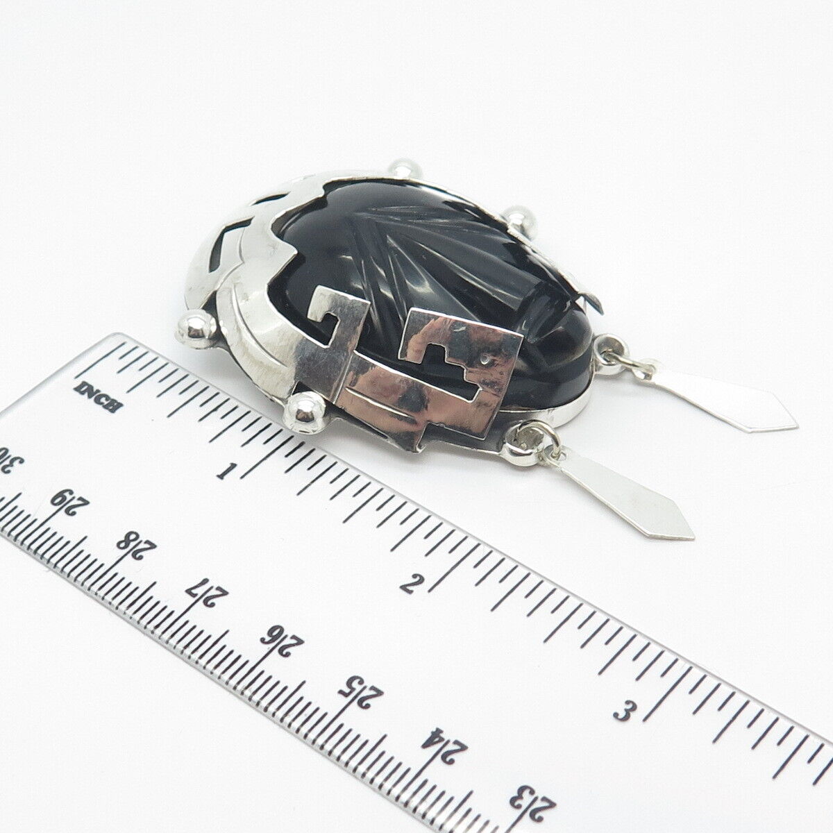 925 Sterling Silver Vintage Black Onyx Gem Carved Tribal Face Pin Brooch/Pendant