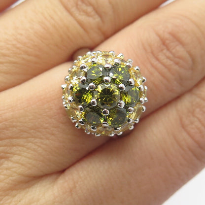 925 Sterling Silver Vintage Green & Yellow C Z Cluster Ring Size 7.25