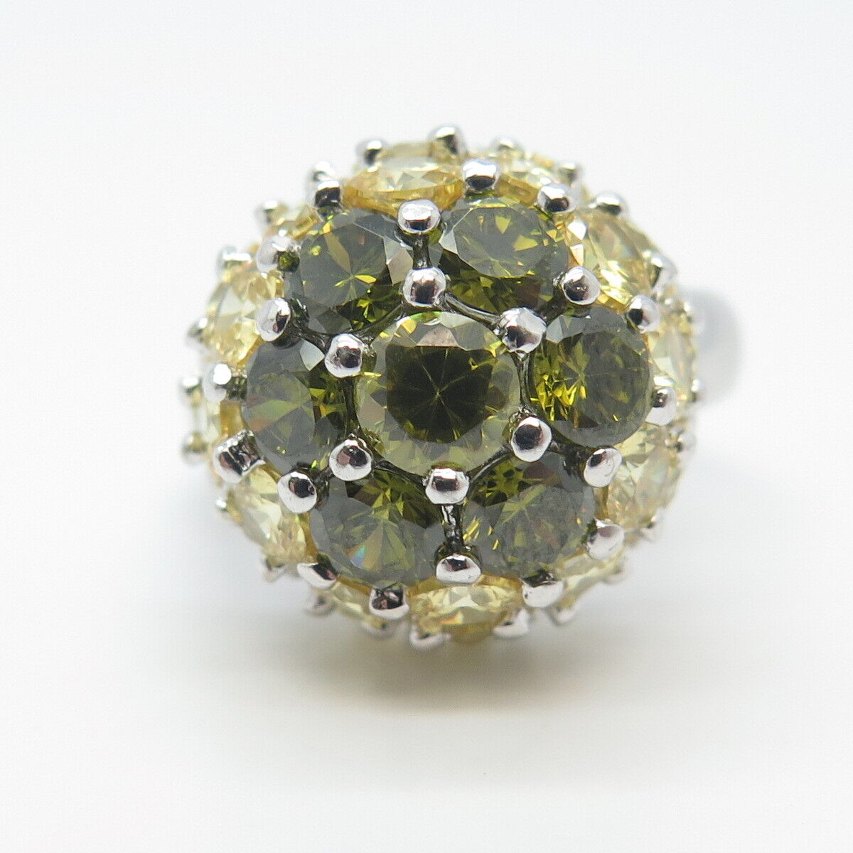 925 Sterling Silver Vintage Green & Yellow C Z Cluster Ring Size 7.25