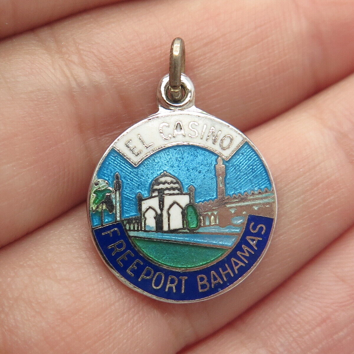 925 Sterling Silver Vintage BMCo Enamel "El Casino Freeport Bahamas" Pendant