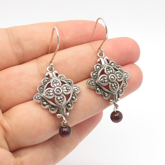 925 Sterling Silver Vintage Real Amethyst & Marcasite Gem Dangling Earrings