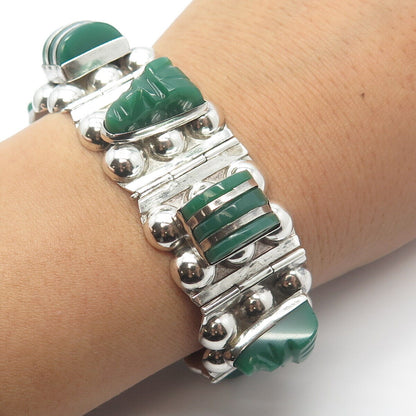 925 Sterling Silver Vintage Mexico Green Onyx Tribal Face Link Bracelet 6.75"