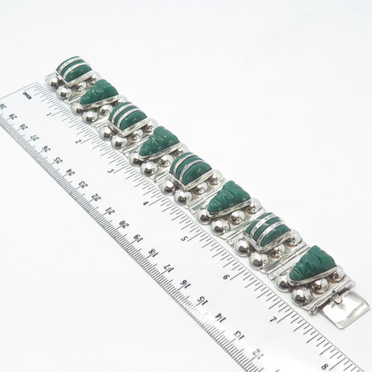 925 Sterling Silver Vintage Mexico Green Onyx Tribal Face Link Bracelet 6.75"