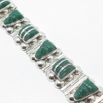 925 Sterling Silver Vintage Mexico Green Onyx Tribal Face Link Bracelet 6.75"