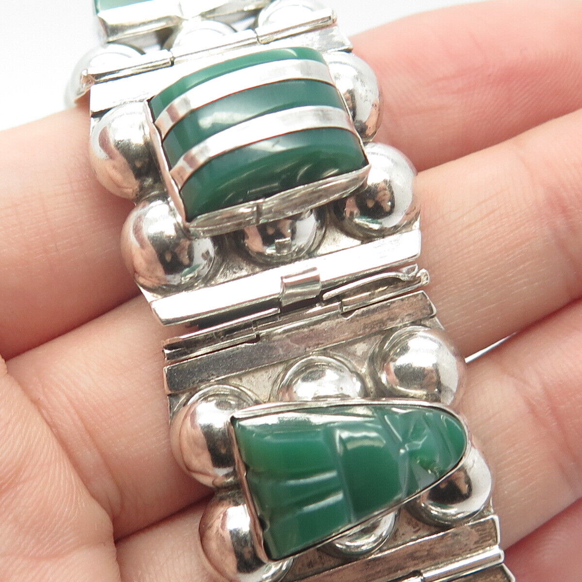 925 Sterling Silver Vintage Mexico Green Onyx Tribal Face Link Bracelet 6.75"