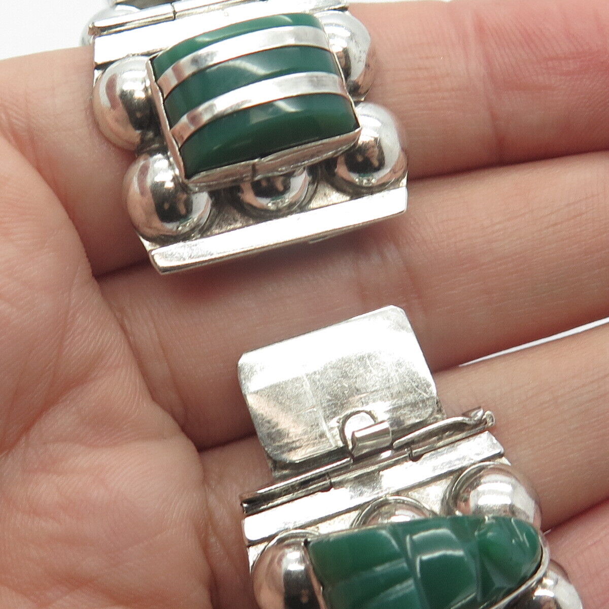 925 Sterling Silver Vintage Mexico Green Onyx Tribal Face Link Bracelet 6.75"