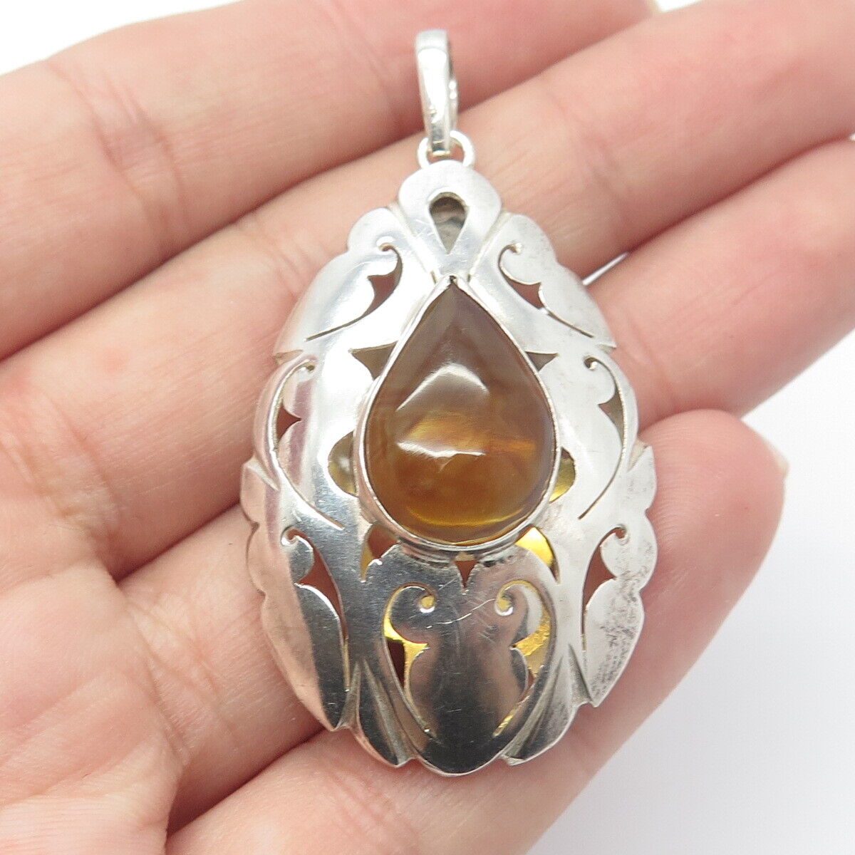 925 Sterling Silver Vintage Real Agate Gem Ornate Teardrop Pendant