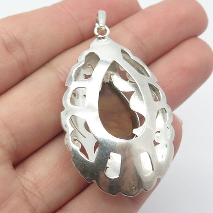 925 Sterling Silver Vintage Real Agate Gem Ornate Teardrop Pendant