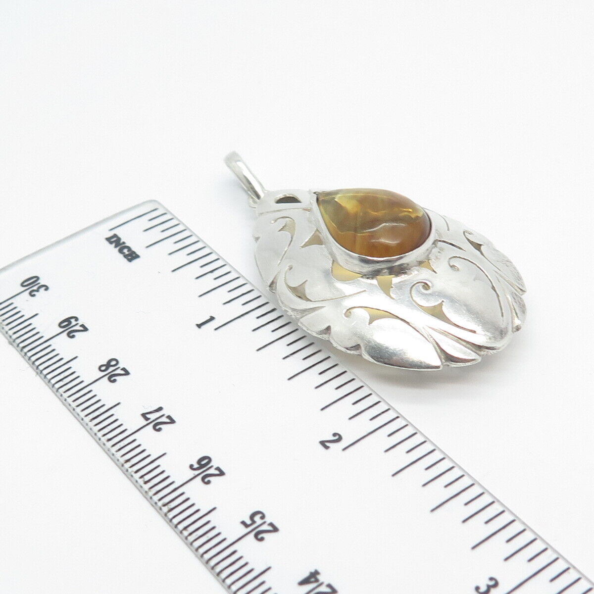 925 Sterling Silver Vintage Real Agate Gem Ornate Teardrop Pendant