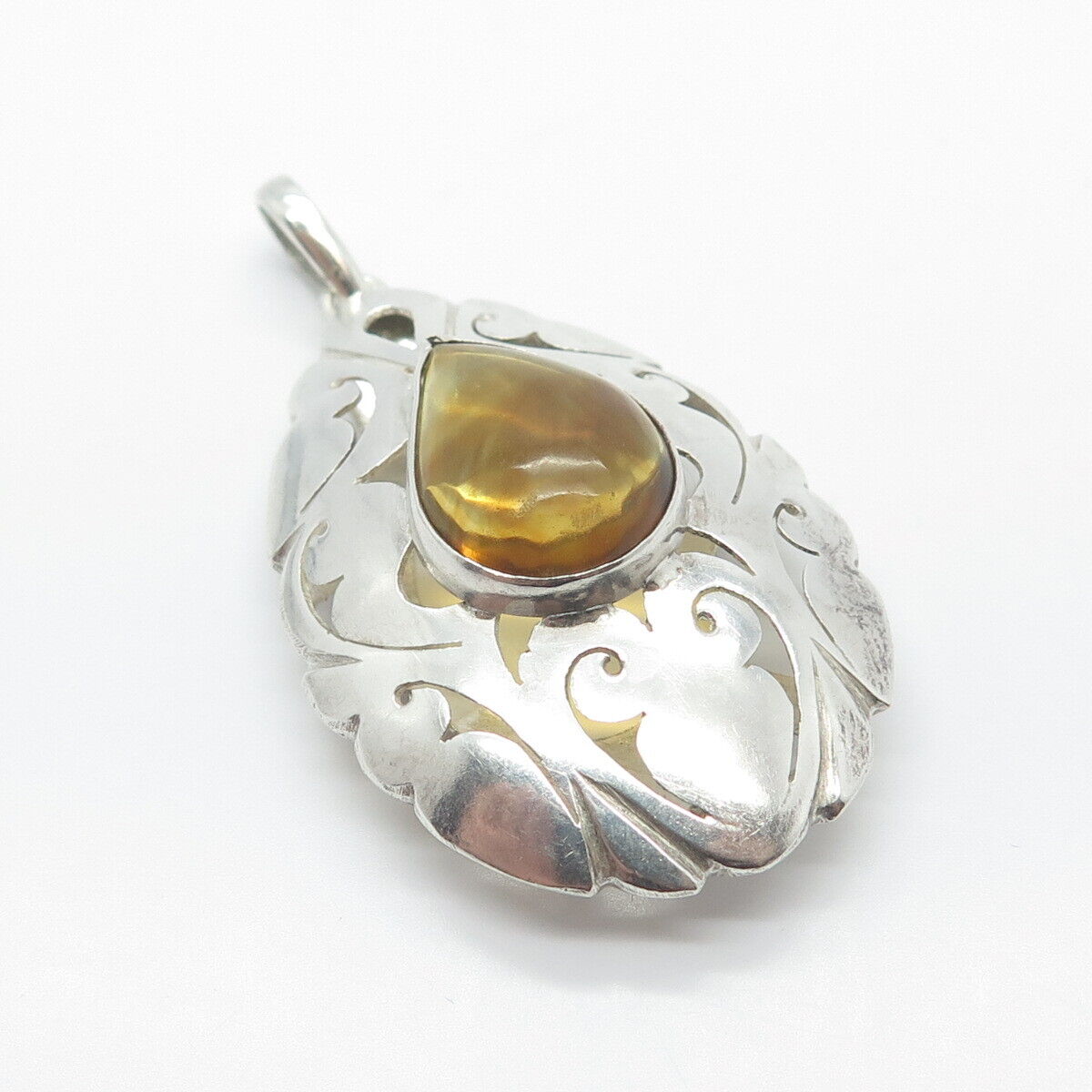 925 Sterling Silver Vintage Real Agate Gem Ornate Teardrop Pendant