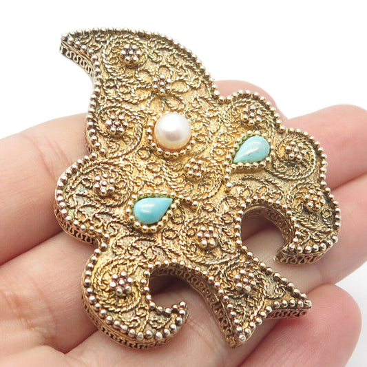 925 Sterling Silver Gold Plated Antique Real Pearl & Turquoise Tree Pin Brooch