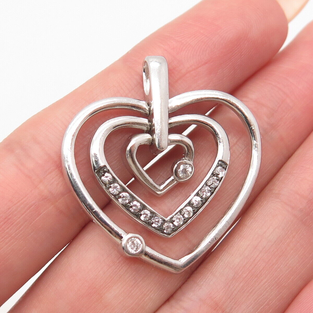 925 Sterling Silver Vintage C Z Triple Heart Pendant