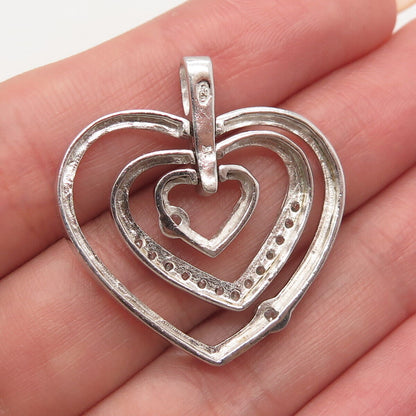 925 Sterling Silver Vintage C Z Triple Heart Pendant