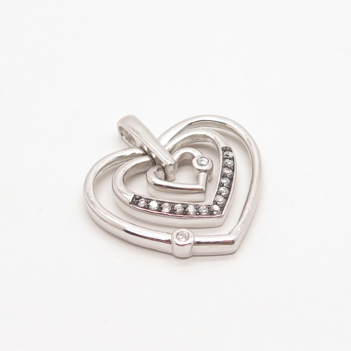 925 Sterling Silver Vintage C Z Triple Heart Pendant