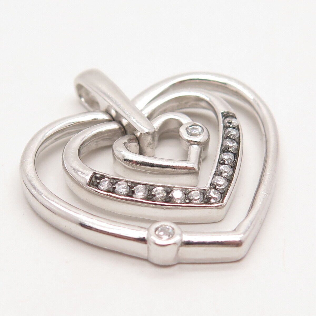 925 Sterling Silver Vintage C Z Triple Heart Pendant