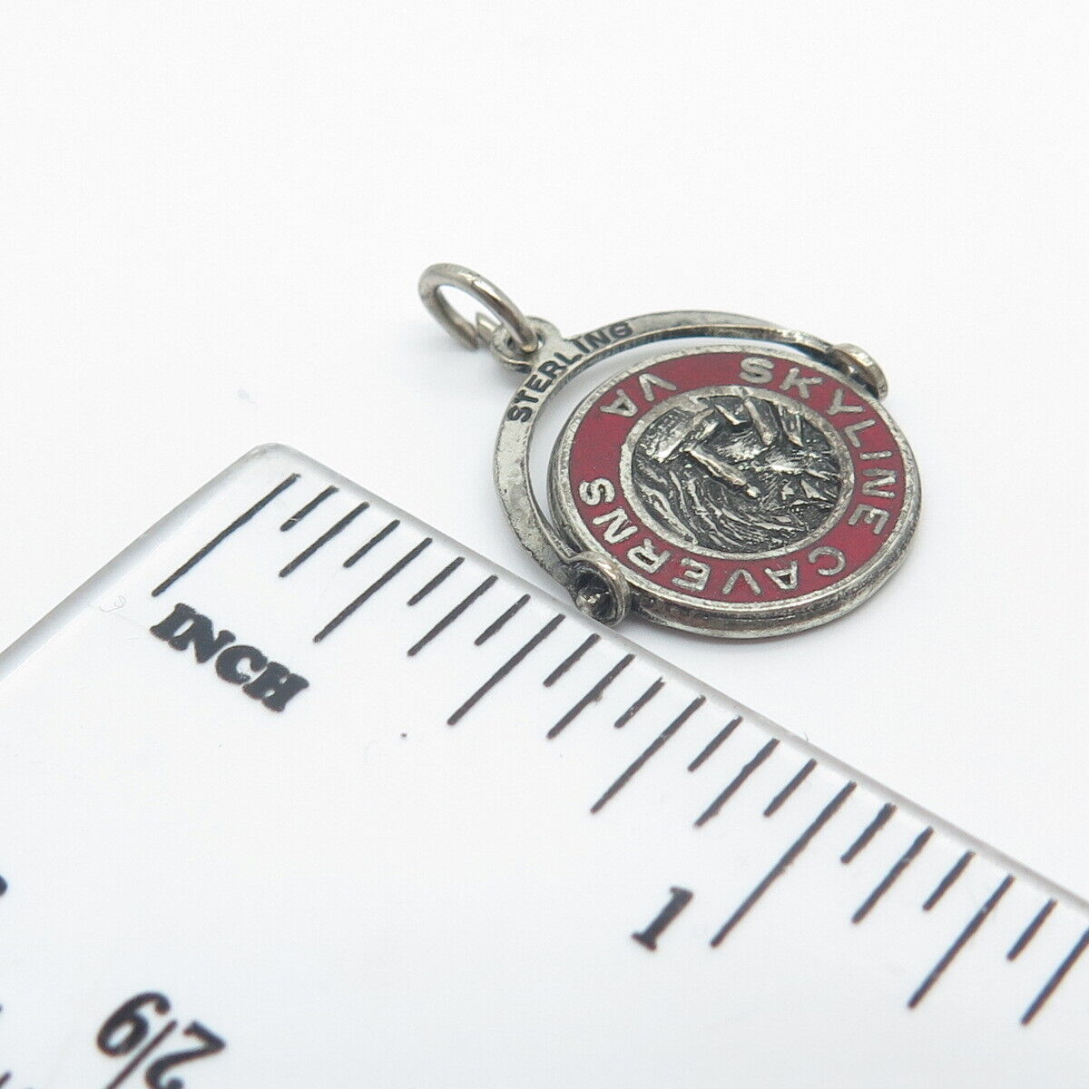 925 Sterling Silver Vintage Red Enamel "Skyline Caverns" Charm Pendant