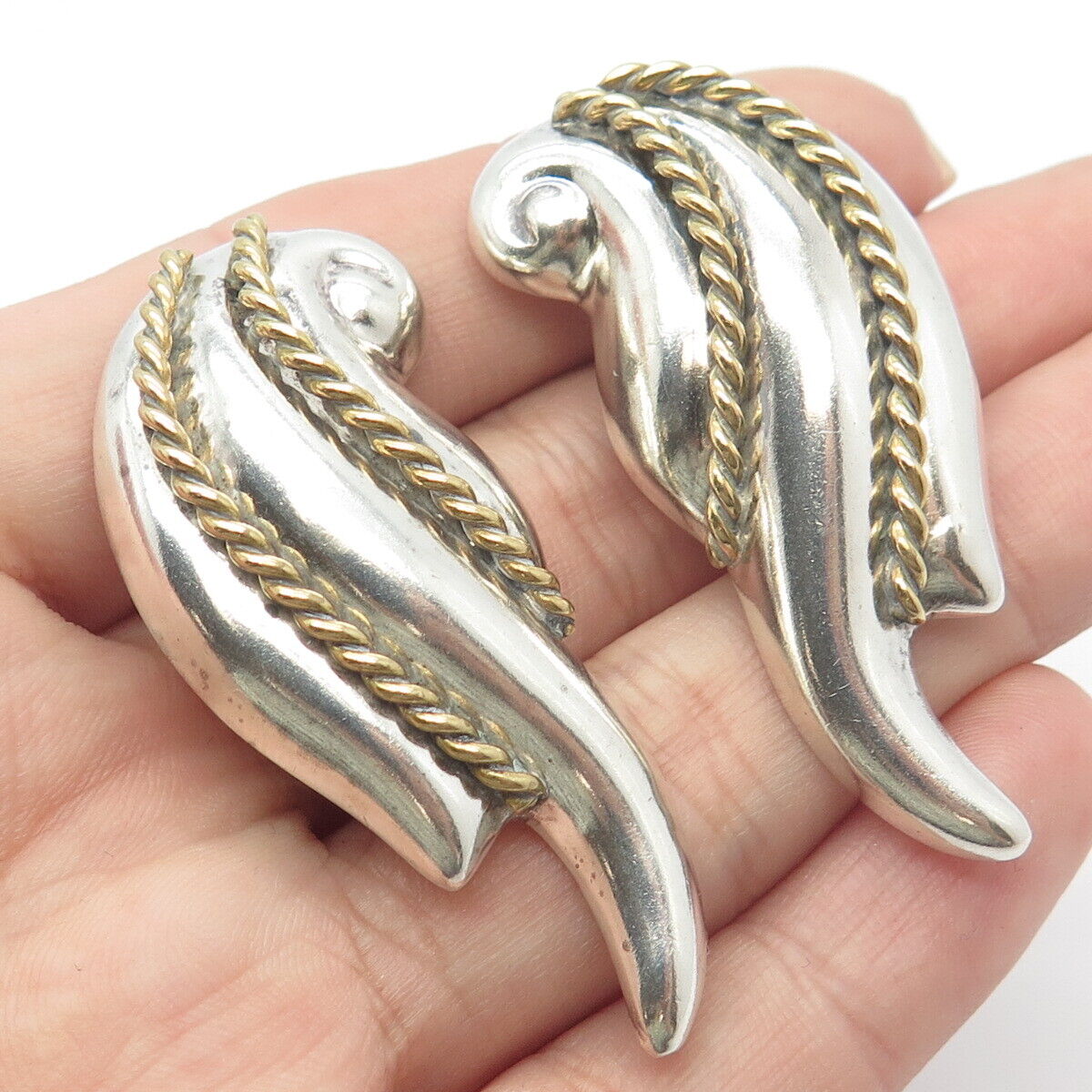 925 Sterling Silver 2-Tone Vintage Mexico Laton Modernist Clip On Earrings