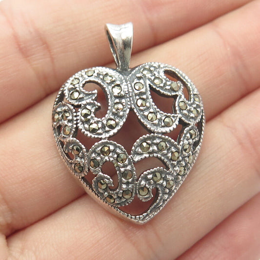 925 Sterling Silver Vintage Real Marcasite Gemstone Heart Pendant